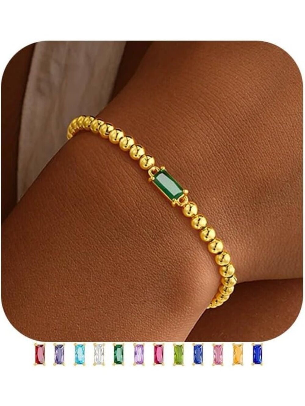 Women's Green Birthstone Bracelet 14K Gold Plated Beaded Elastic Dainty Jewelry
